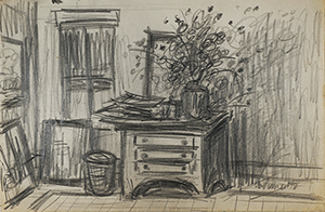 Papers and flowers on dresser